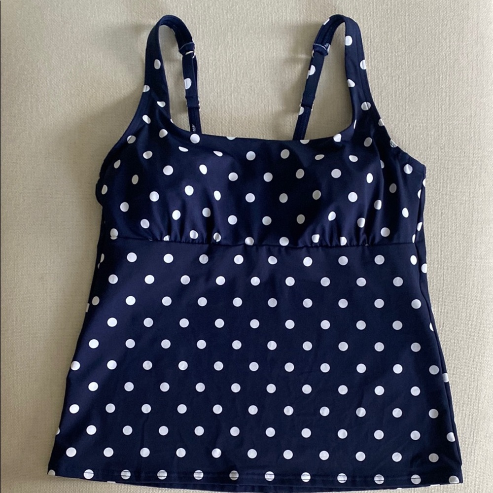 Lands End Navy White Polka Dot Tankini Swim Top Built In Bra Size 10